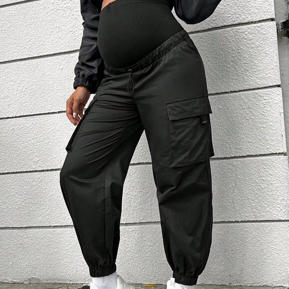 Black Casual Womens Maternity Flap Pocket Side Adjustable Waist Cargo Pants - Picture 5 of 6